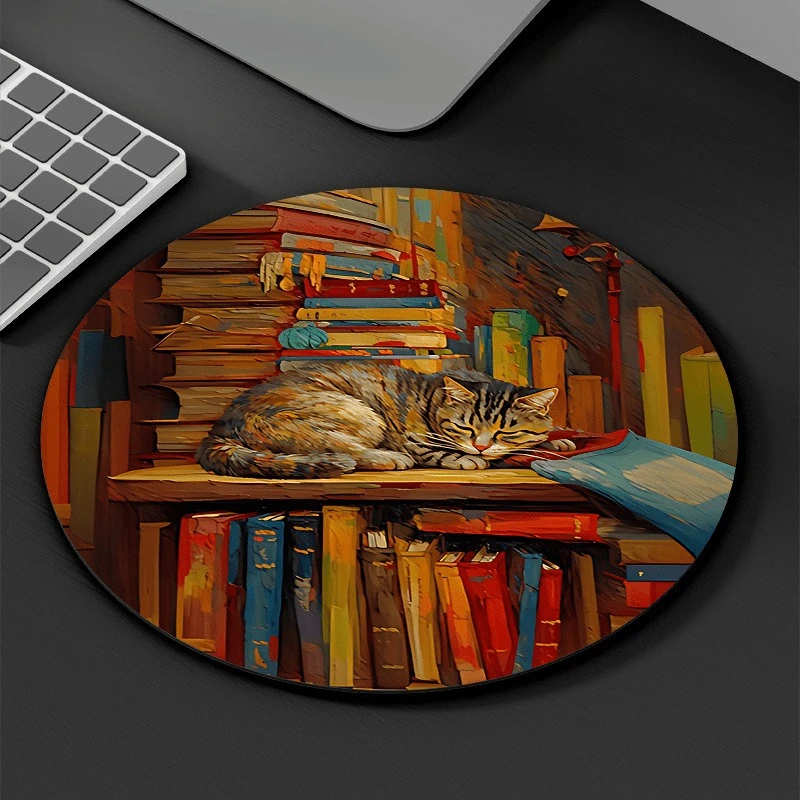 

Bookshelf Cat Round Mouse Pad Cartoon Desk Mat Non-slip Rubber Carpet Office Table Office Mousepad Desk Accessories Table Mats