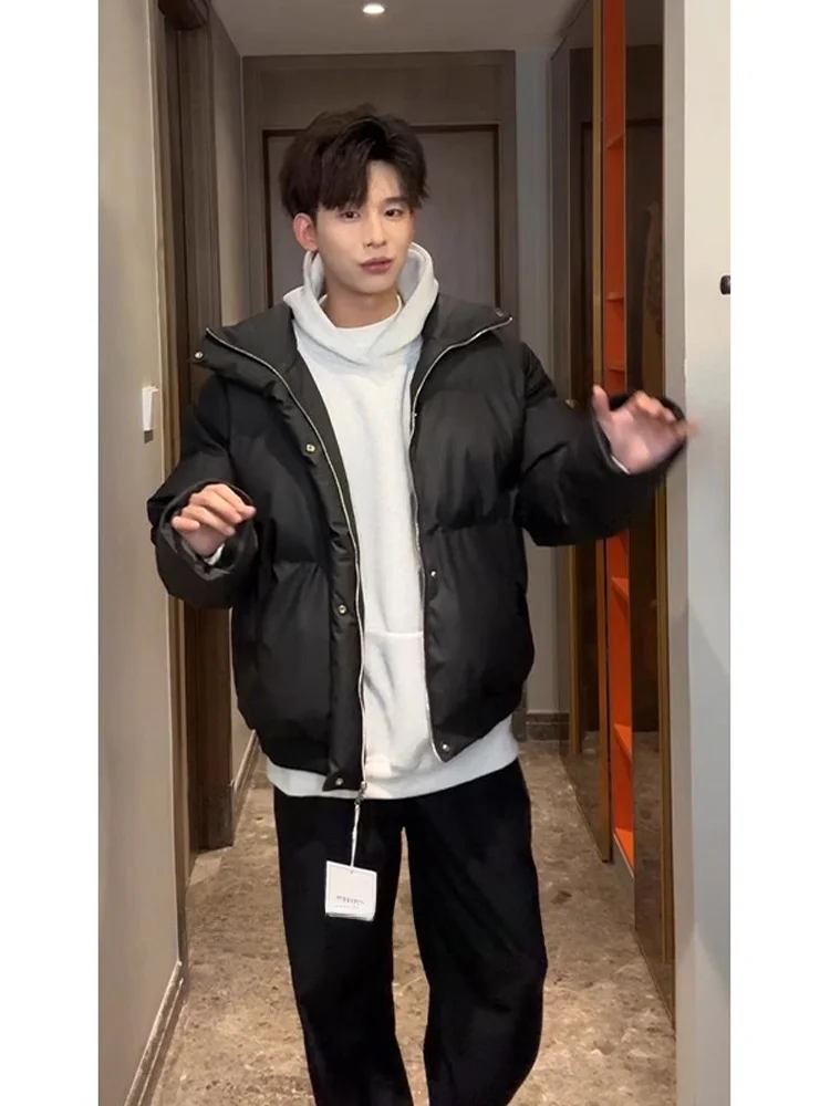 

Cleanfit ort PU Leather Surface Cotton Jaet Men's Winter American High Street Non-Fatting Bread Sle Trendy Coat