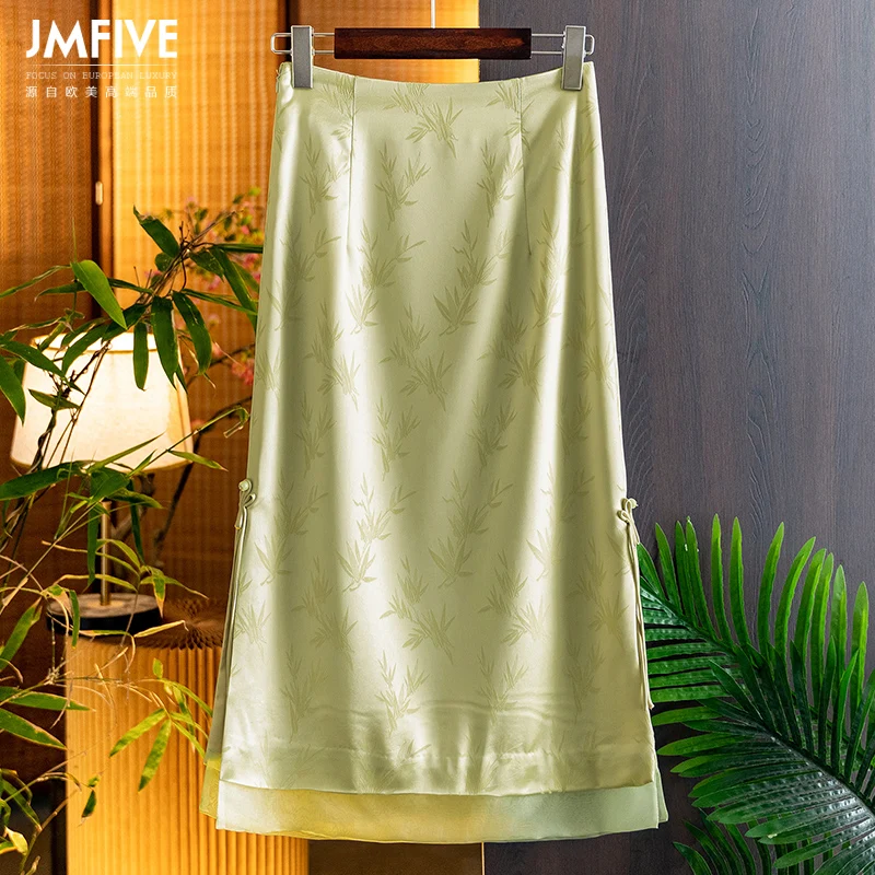 Satin Acetate Silk National Style Skirt for Women 2026 Autumn New Chinese Style Bamboo Leaf Jacquard Buttoned Mid-Length Skirt for Women