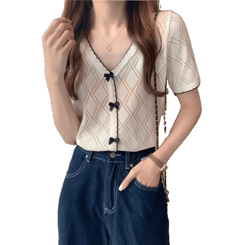2025 Camisa de punto con cuello en V de seda de hielo hueca fina de verano para mujer