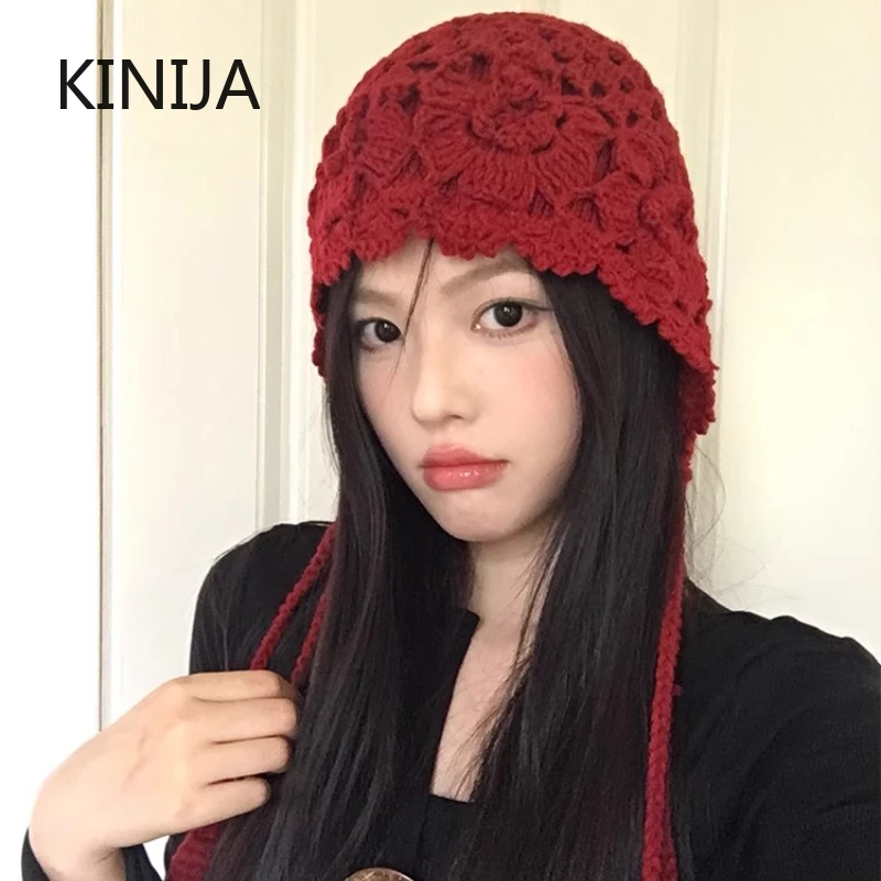 Korean Tassel Knitted Ear Protection Hat for Women Autumn Winter Warm Handmade Crochet Earmuffs Cap Girl Pullover Beanie Bonnet