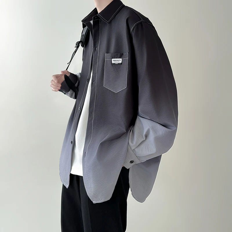 

Men's shirt Gradient Plicated Long Sleeve Shirts Loose Korean Shirt Fashion Casual Oversize Shirt Coat High Quality Clothing