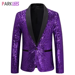 Chaqueta de esmoquin para hombre, traje de esmoquin adornado con purpurina y lentejuelas púrpuras brillantes, cuello de chal de un botón, traje de boda para escenario de Club nocturno