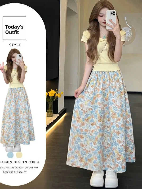

Summer New Style Floral Print Short Sleeve T-Shirt And Half Skirt Two-Piece Set for Young Women Country Style Casual Outfit