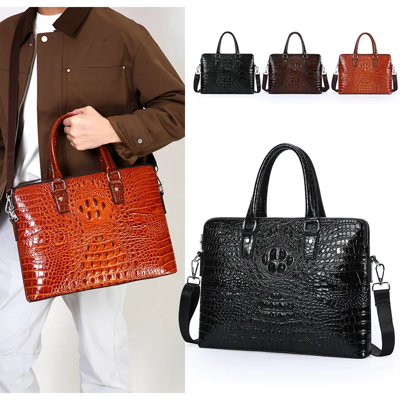 pu-leather-crocodile-pattern-men's-hand-held-business-briefcase-large-capacity-14-inch-computer-storage-single-shoulder-bag