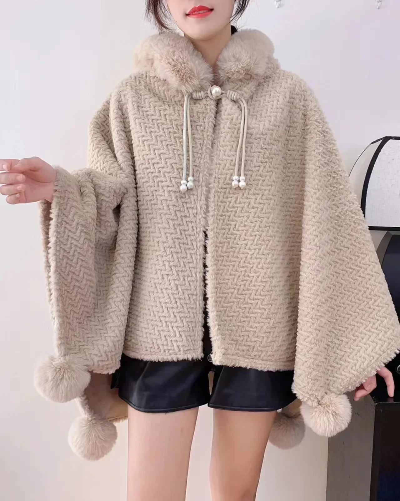 

Japan Korea Women Winter Striped Knitted Poncho Cape Outwear Fur Ball Cardigan Cloak Loose Batwing Shawl Pashmina With Hat