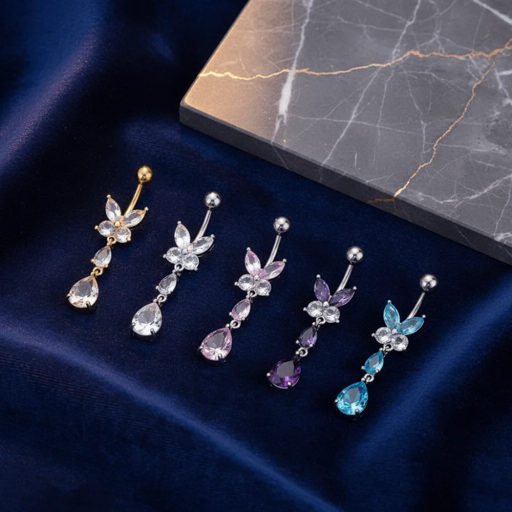 Stainless Steel Butterfly Belly Button Ring Alloy Exquisite Drop Navel Piercing Ring Gold Zircon Crystals Body Piercing Jewelry