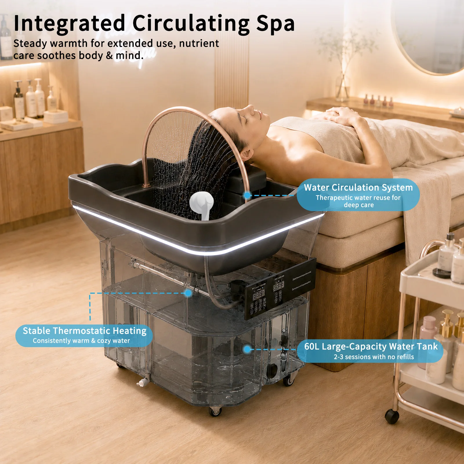 Head SPA Shampoo Basin with 60L Water Storage Tank, Water Heating, No Need to Connect Water Pipe, Water Cycle Hydrotherapy - view 5