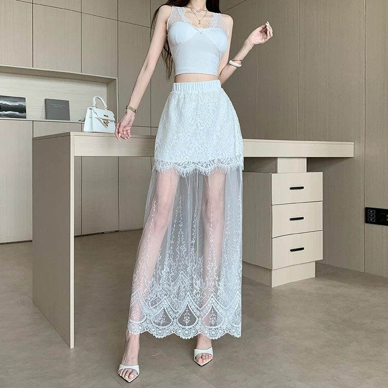 

2025 New Spring Summer Women High Waist Slim Long Skirt High Quality Elegant Retro Perspective Mesh Patchwork Lace Skirt