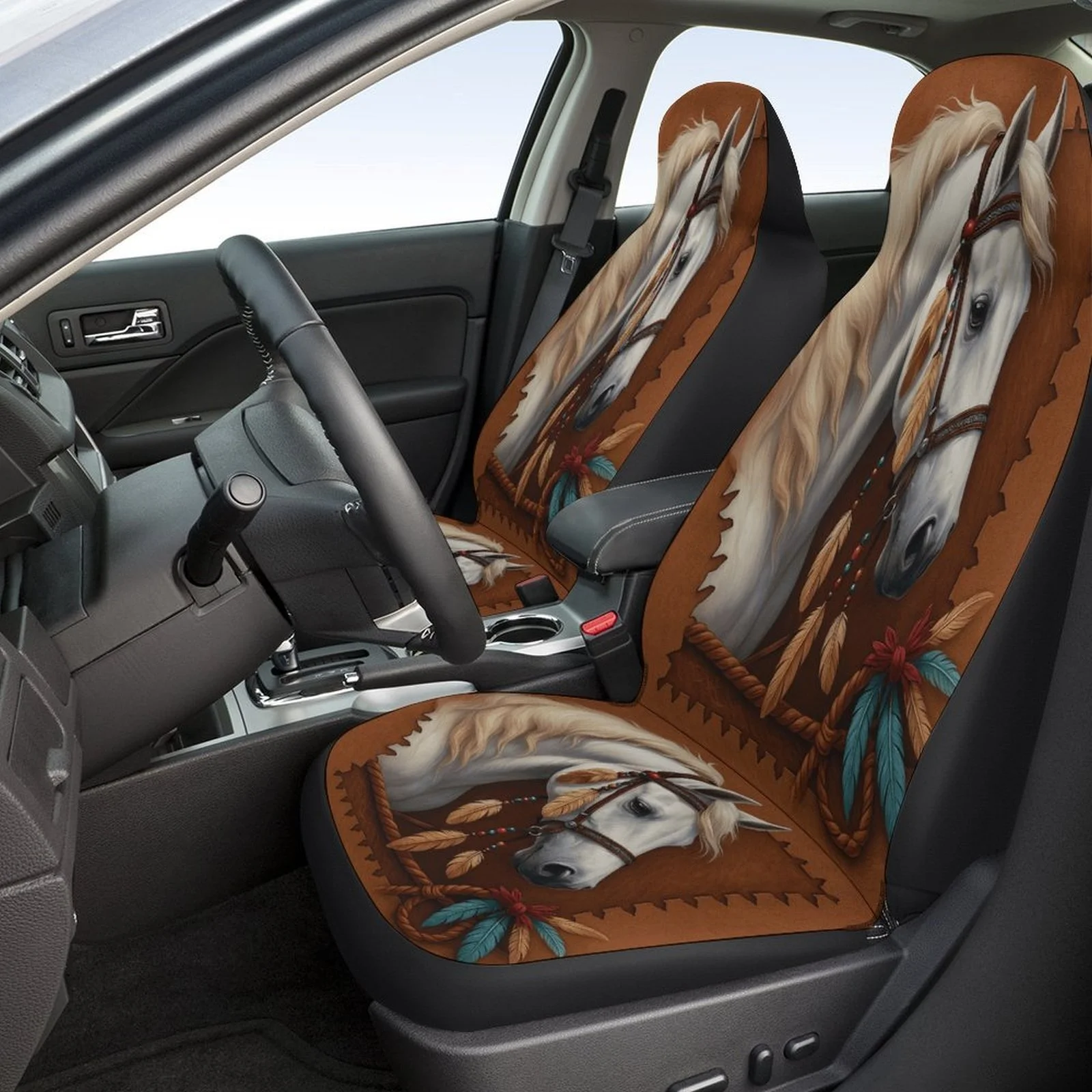 Set Of Car Seat Covers Featuring A White Horse Portrait, Designed For A Variety Of Vehicles. These Stylish And High-Quality Prot