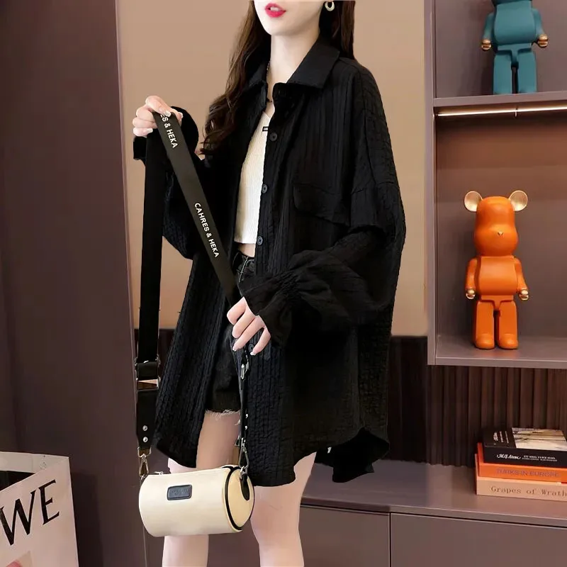 قميص نسائي كوري فضفاض، ملابس للحماية من الشمس، بلوزة صوفية طويلة، ملابس خارجية رفيعة للحماية من الأشعة فوق البنفسجية، مقاس كبير، صيفي