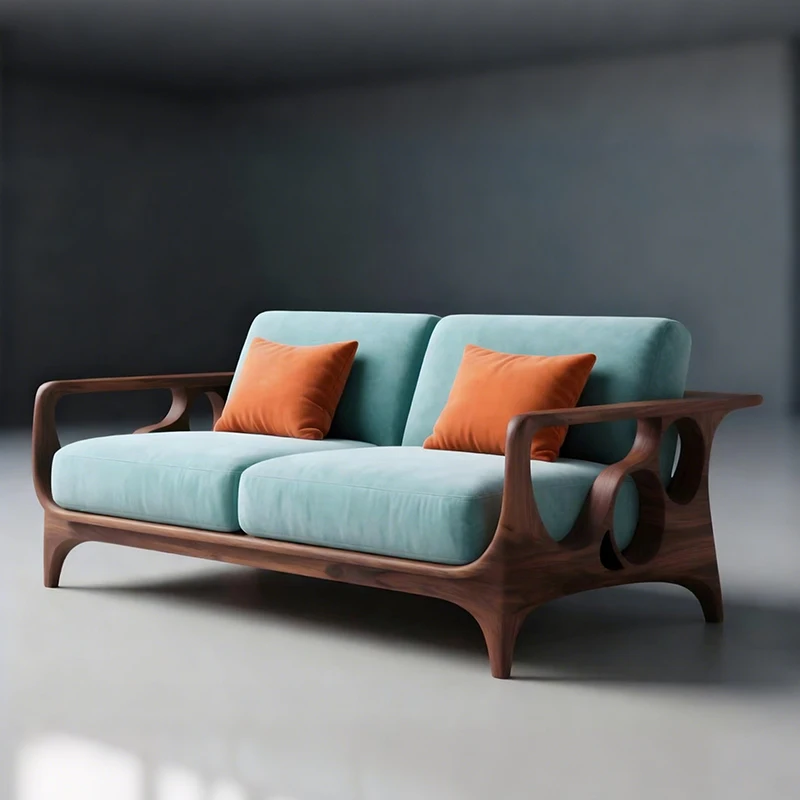 New Chinese-style solid wood sofa, living room straight row sofa, high-end black walnut three-person