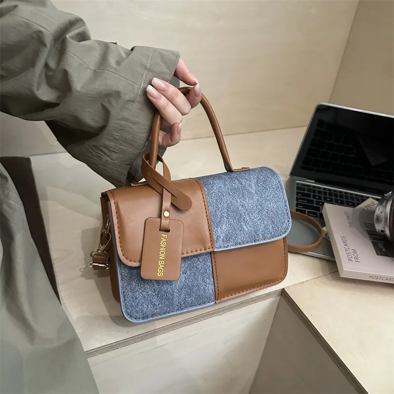 Color‑Block Patchwork Flap Handbag Top‑Handle Women Crossbody Purse with Removable Shoulder Strap