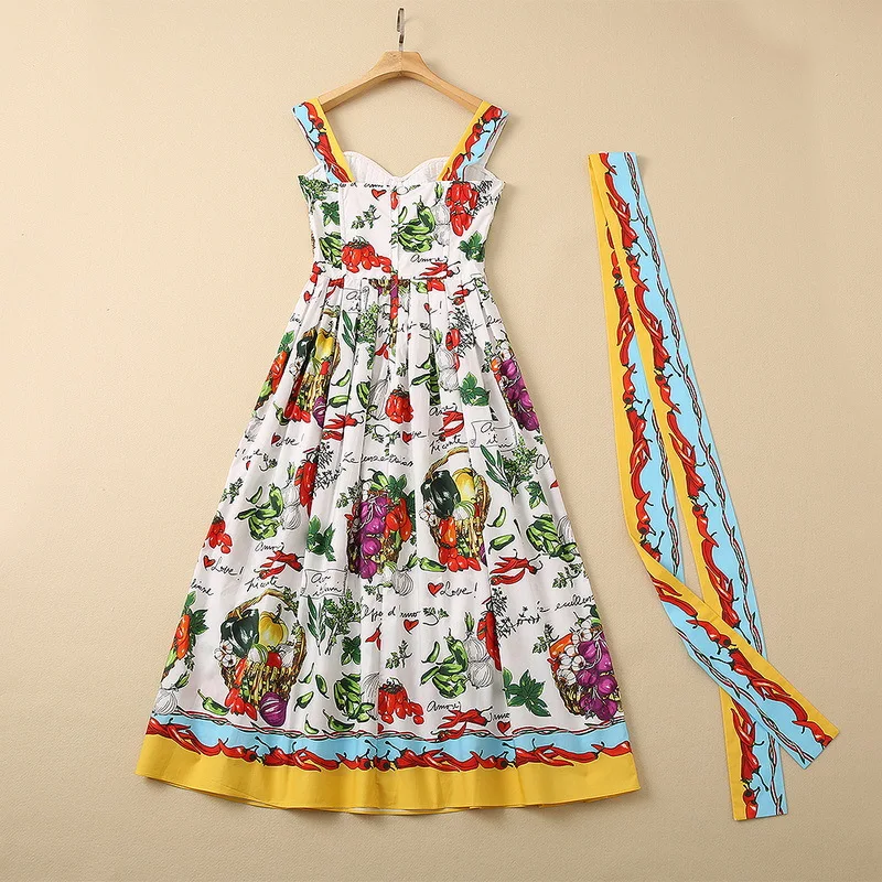 European and American women's wear autumn 2022 new styles Condole belt sleeveless vegetable print Fashion cotton pleated dress