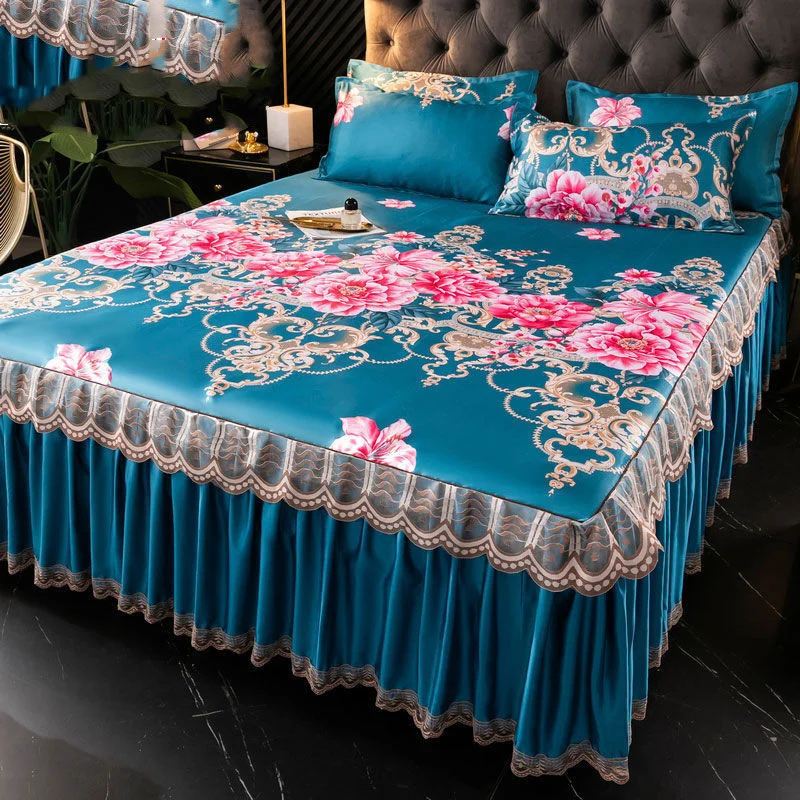 Pink Floral Bed Dress Sets Lace Bed Sheet Pillowcase 2/3 Pieces For King Queen Double Size Bed Fashion Flower Luxury Bedding Set