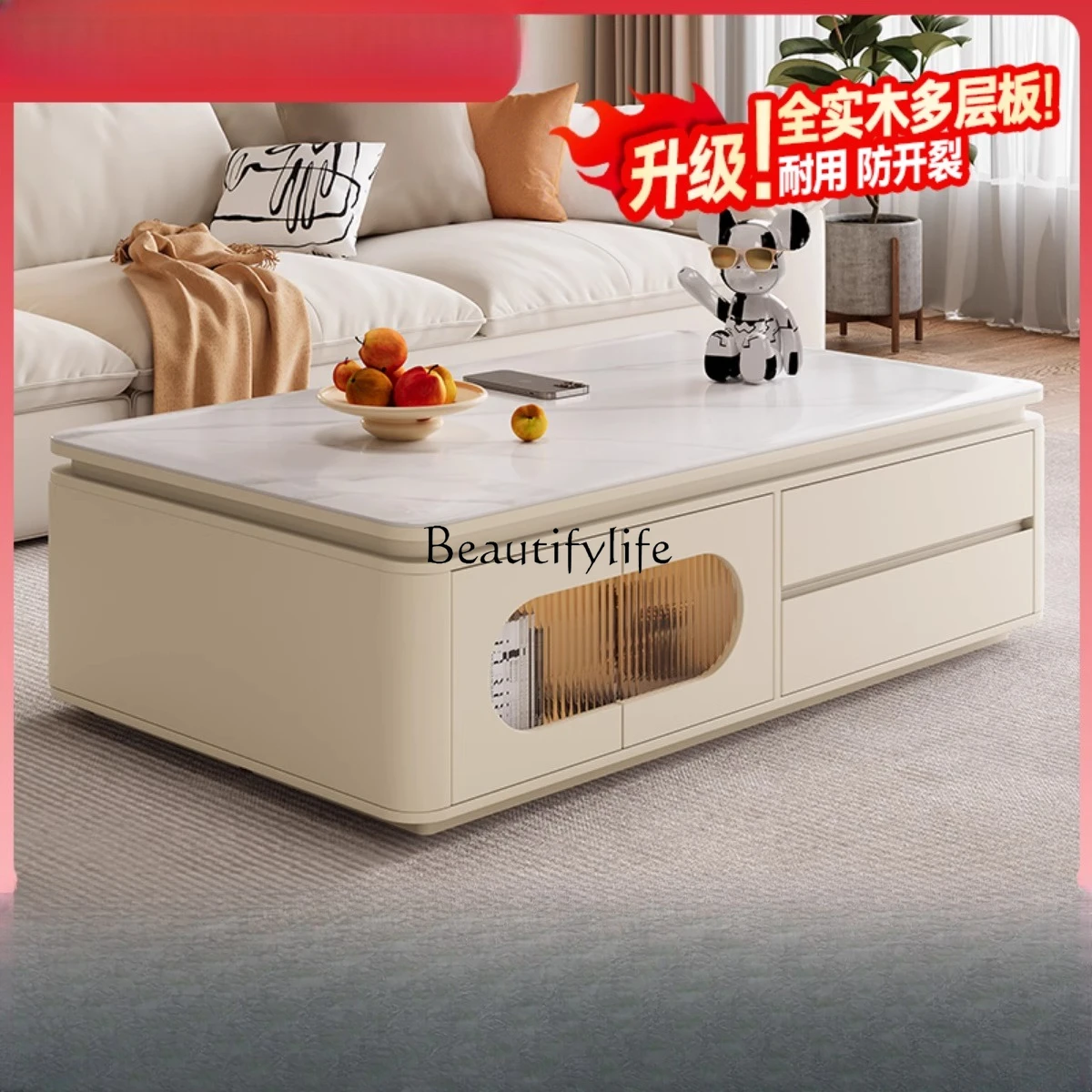 Table basse de salon dalle de roche crème vent