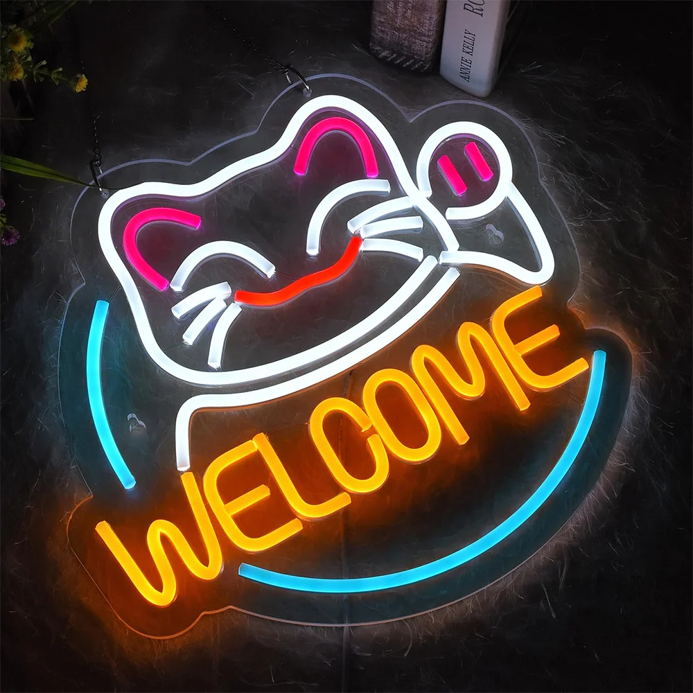 Fortune Cat Welcome Neon Sign for Business Dimmable LED Neon Light Wall Art Door Decor Ultra Bright Suitable