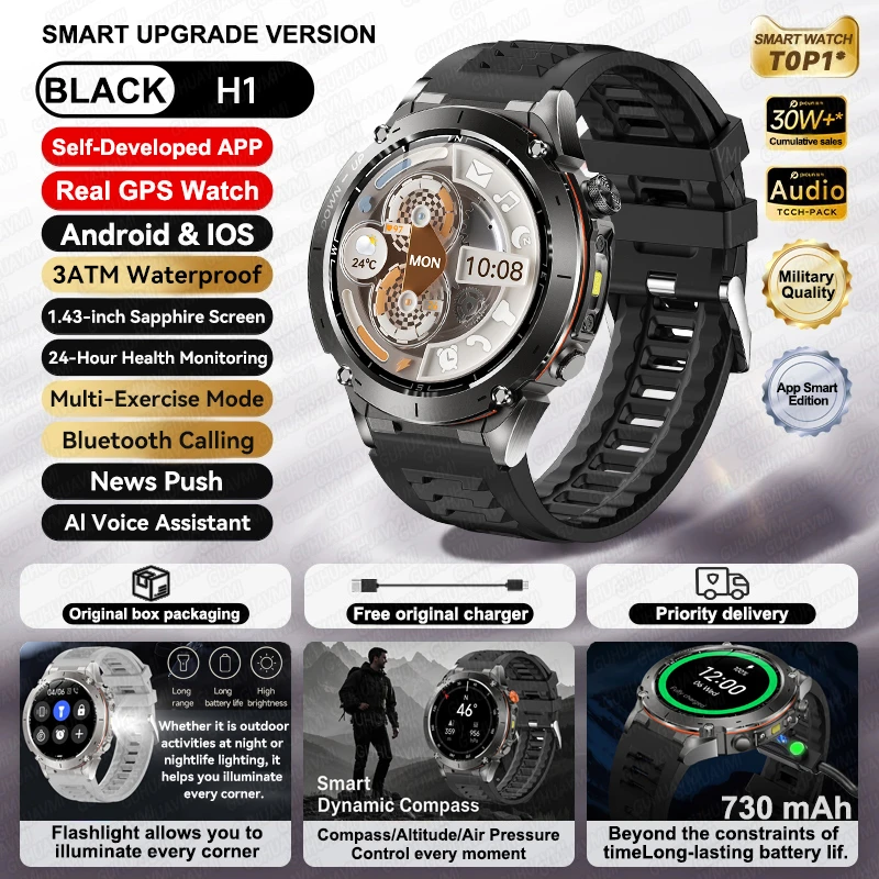 GUHUAVMI 2026 Neue GPS-Smartwatches, 10 ATM wasserdicht, integrierter Dualband-GNSS-Kompass, Militär, Sport, Herren, SWIM-Smartwatch für Android IOS 6