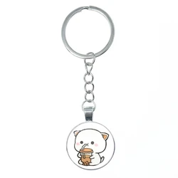 Mitao-Cat Glass Keychain para Casais, Schoolbag Ornamentos, Pingente Charme, Chaveiro, Presentes Da Jóia, Vermelho, Net, Bonito, Péssego, Casal