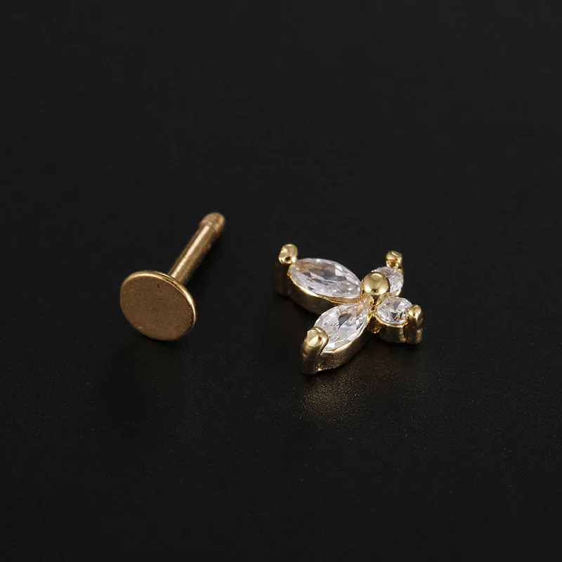 2Pcs 1.2*6mm Flower Surgical Steel Cartilage Piercing Ear Stud Tragus Helix Bar Top Upper Labret Lip Ring Body Jewelry Earring S