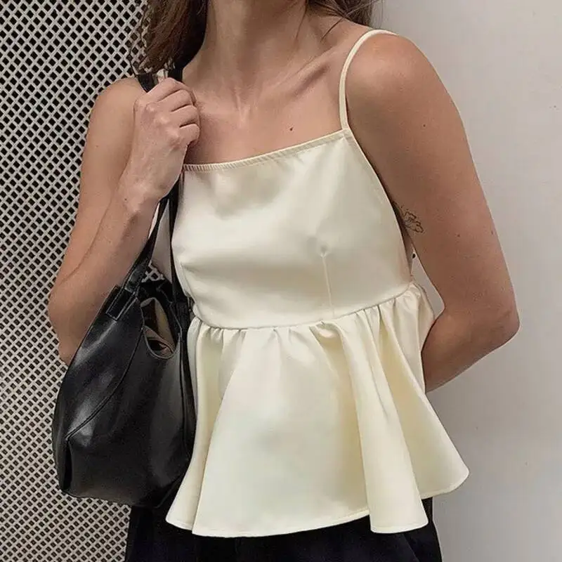 Satin Camisole Sexy Backless Ruffle Edge Adjustable Camisole Square Neck Short Solid Color Women Summer Temperament Elegant Top