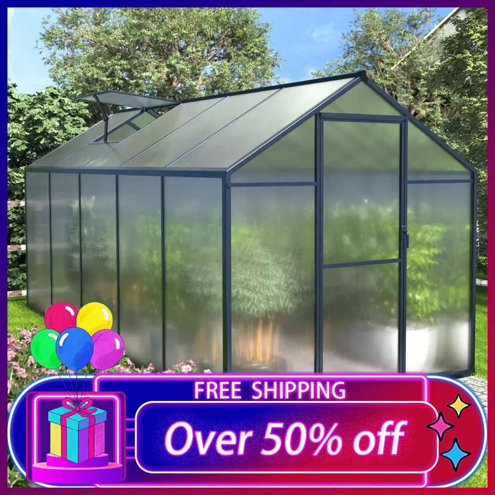 

6x10 ft Outdoor Polycarbonate Greenhouse Kit with Aluminum Frame, Walk-in Garden Green House with Adjustable Roof Vent, Backyard