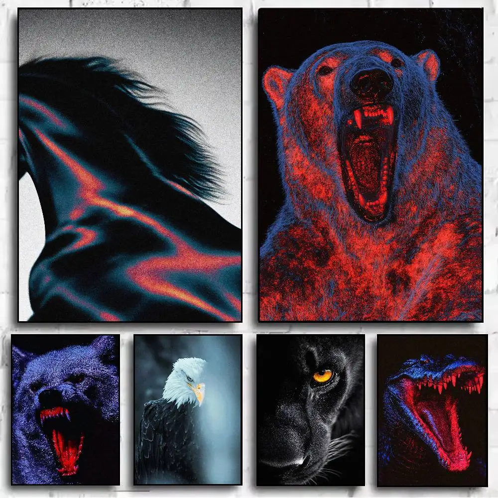 Hot Cool Dark Style Ferocious Animal Wall Print, Vibrant Color Contrast Roaring Black Panther Wild Beast Illustration Decor