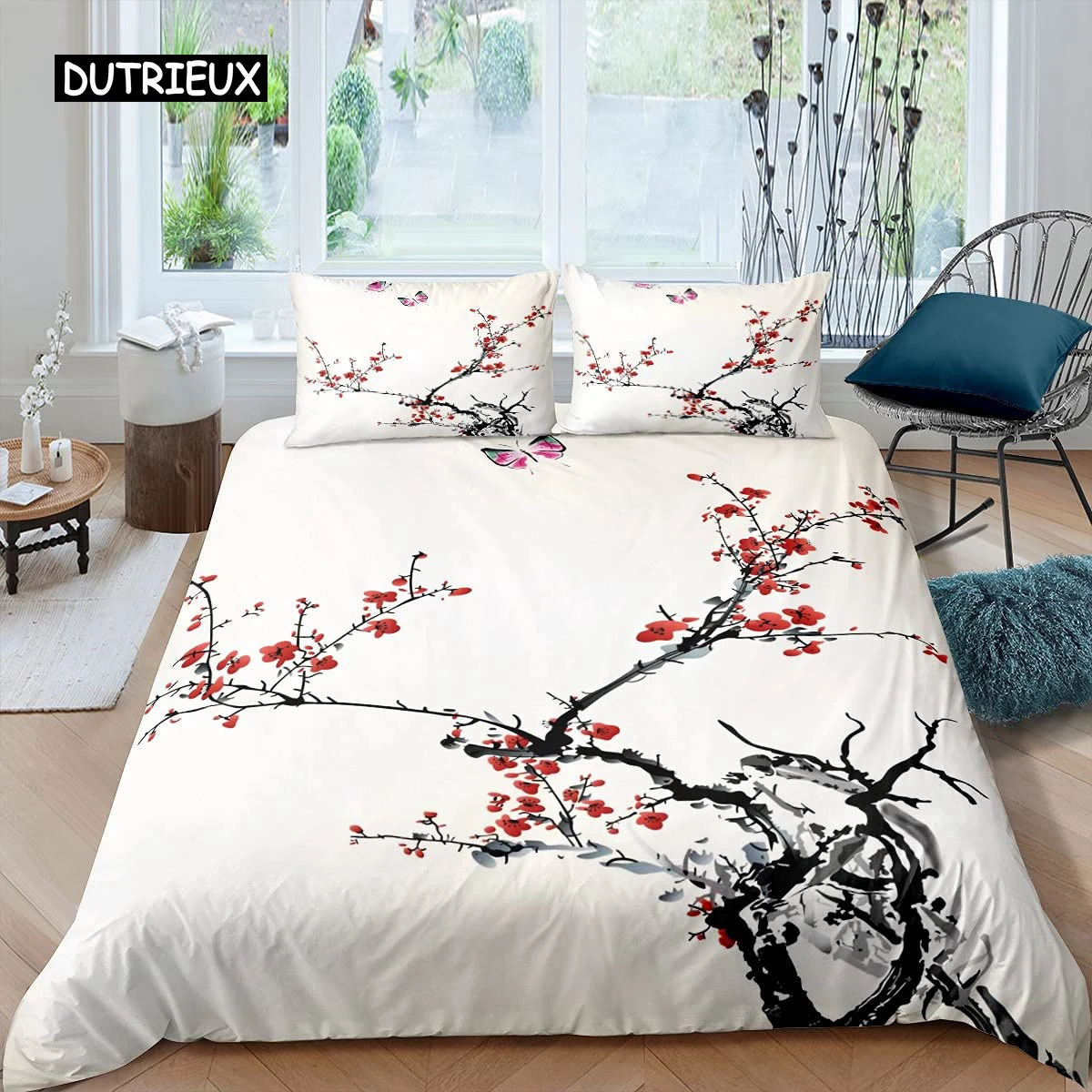 Plum Blossom Duvet Cover Set Red Flower Floral Comforter Cover for Girls Teens Microfiber Butterfly Branches Printed Bedding Set