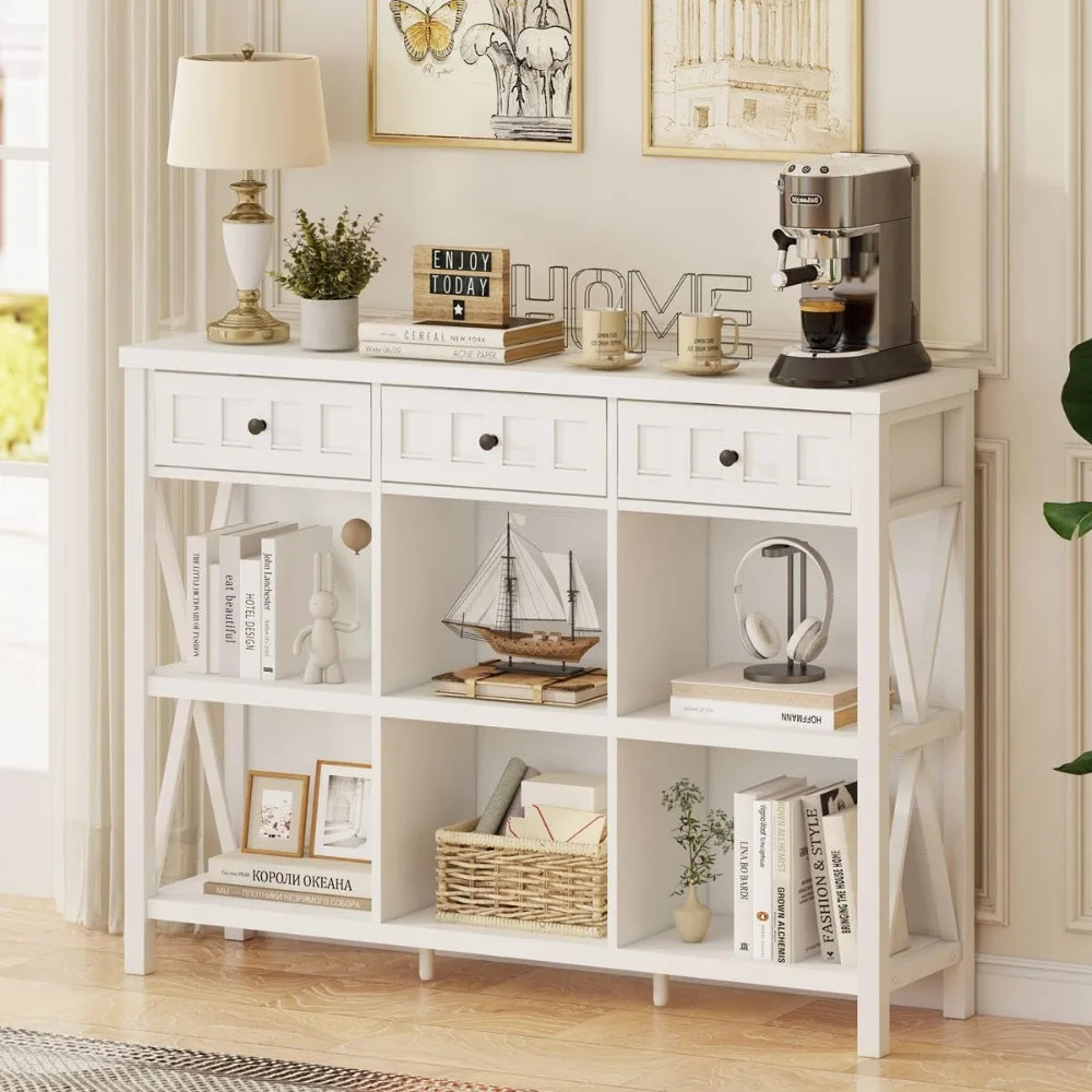 

Modern White Oak 47" Long Horizontal Bookcase with 6 Cube Storage and 3 Drawers Cubby Organizer Shelf