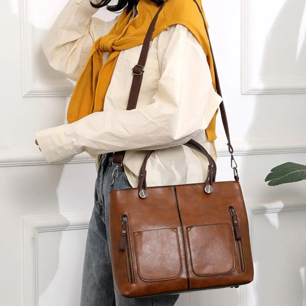 PU Leather Multi-Pocket Vintage Tote Bag Large Capacity Shoulder Bag Adjustable Shoulder Strap Multifunction Shopping Bag