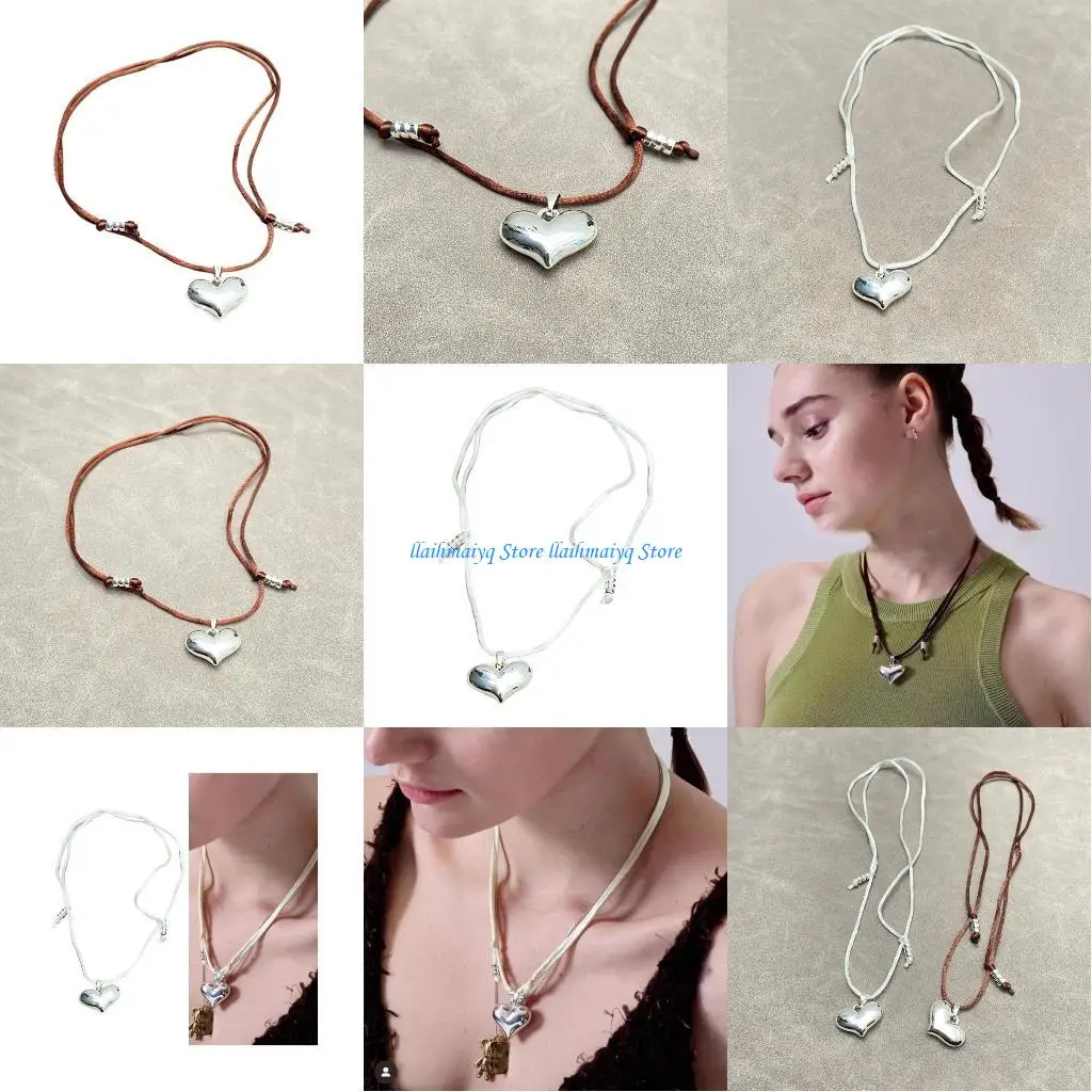 

573B Simple Heart Pendant Necklace Sweet Cool Choker Adjustable Rope Necklace Jewelry