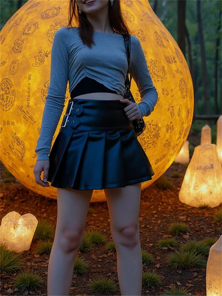 

High Waist Mini Skirts Women Faux Leather Pleated Design for Autumn Streetwear Retro Preppy Style Slim Fit Casual Daily Wear