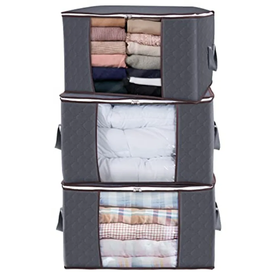 

Pack Clothes Storage Bins with Lids, Foldable Blanket Storage Bags with Zippers, Clear Window and Reinforced Handles, Closet an