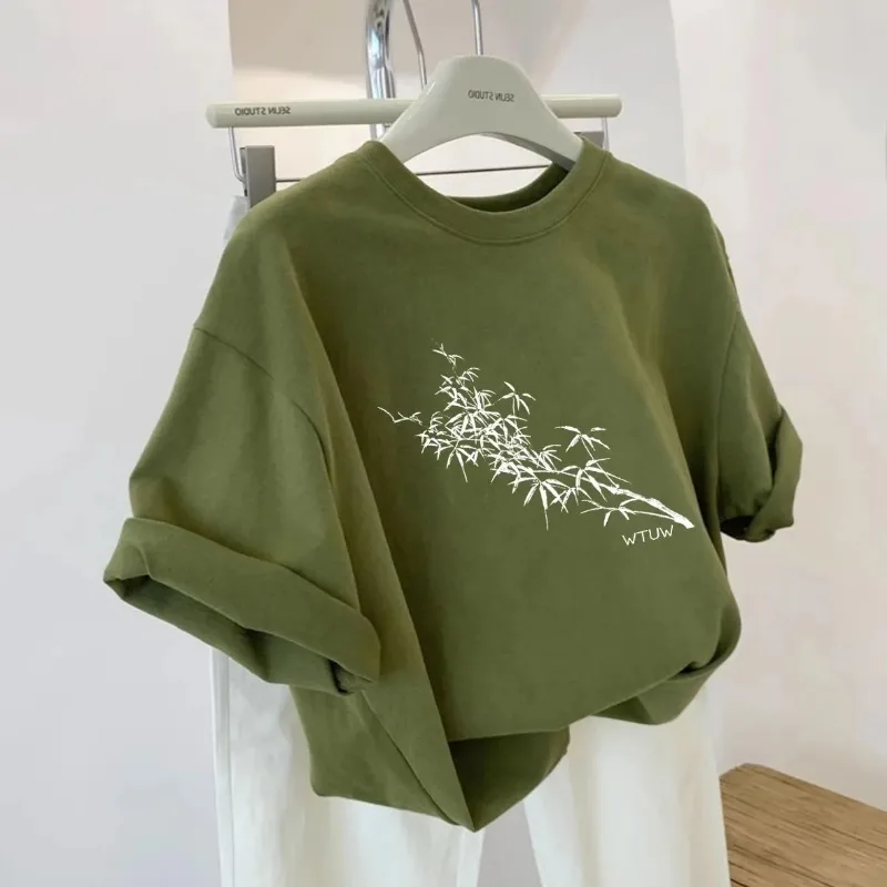 Camiseta de Algodón para Hombre y Mujer, Estampado de Bambú, Holgada, Informal, de Manga Corta, para Verano