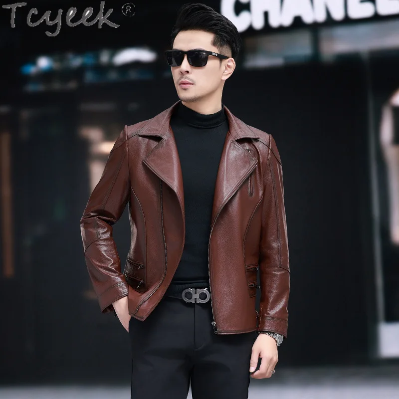 Tcyeek Genuine Leather Jacket for Men Top Layer Cowhide Motocycle Jackets Suit Collar Autumn Clothes Chaquetas Hombre Tide 2024