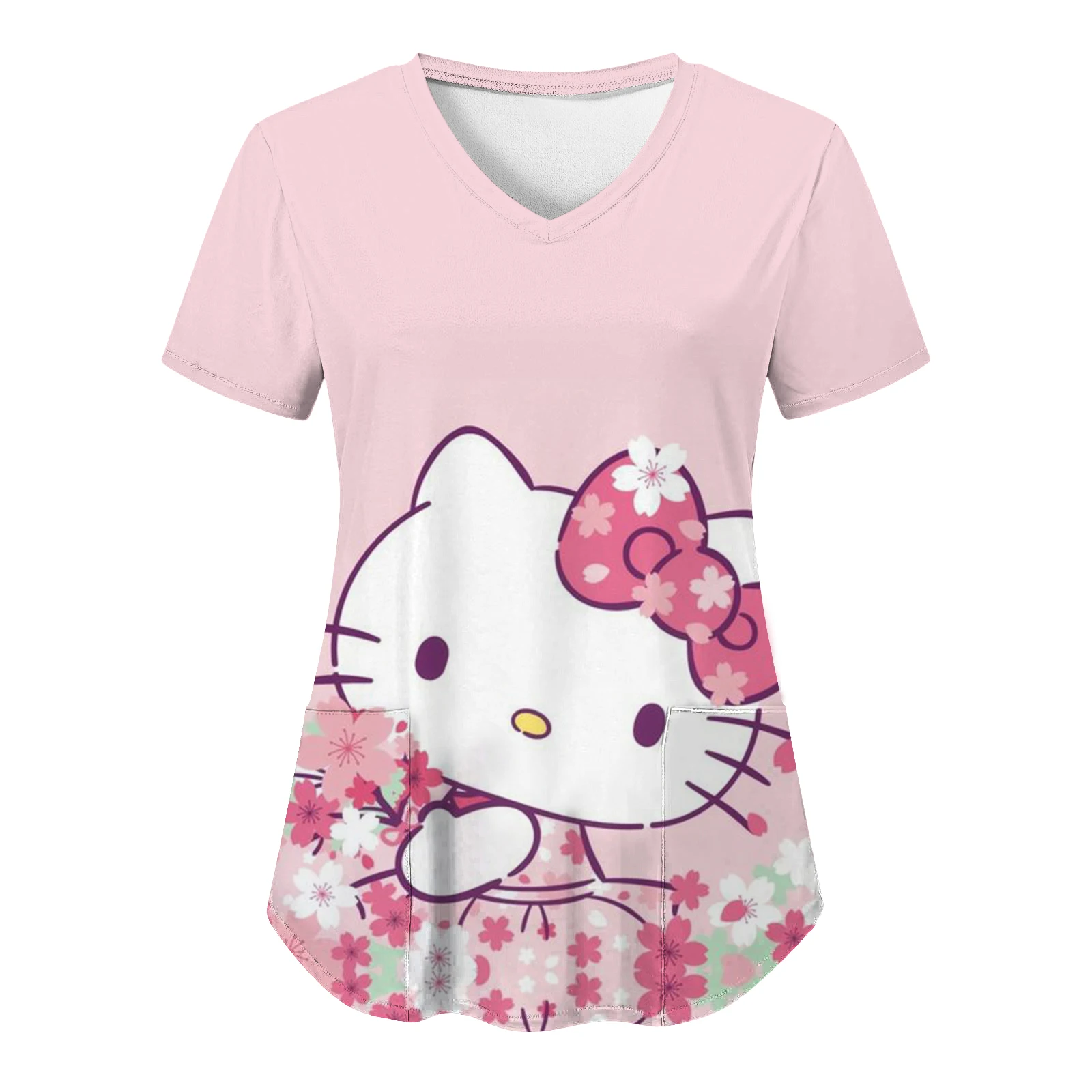 Summer  Hello Kitty V Neck working  Clothes Hospital T-shirt Top Womens 2024 tops Women's T-shirts Pocket Tops Nurse Uniform