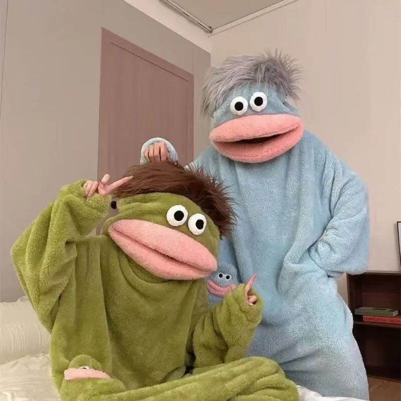 Couple Set Autumn Winter Cartoon Wacky Big Mouth Monster Bodysuit Girl Fleece-Lined Thicken Keep Warm Homewear Festival Gift