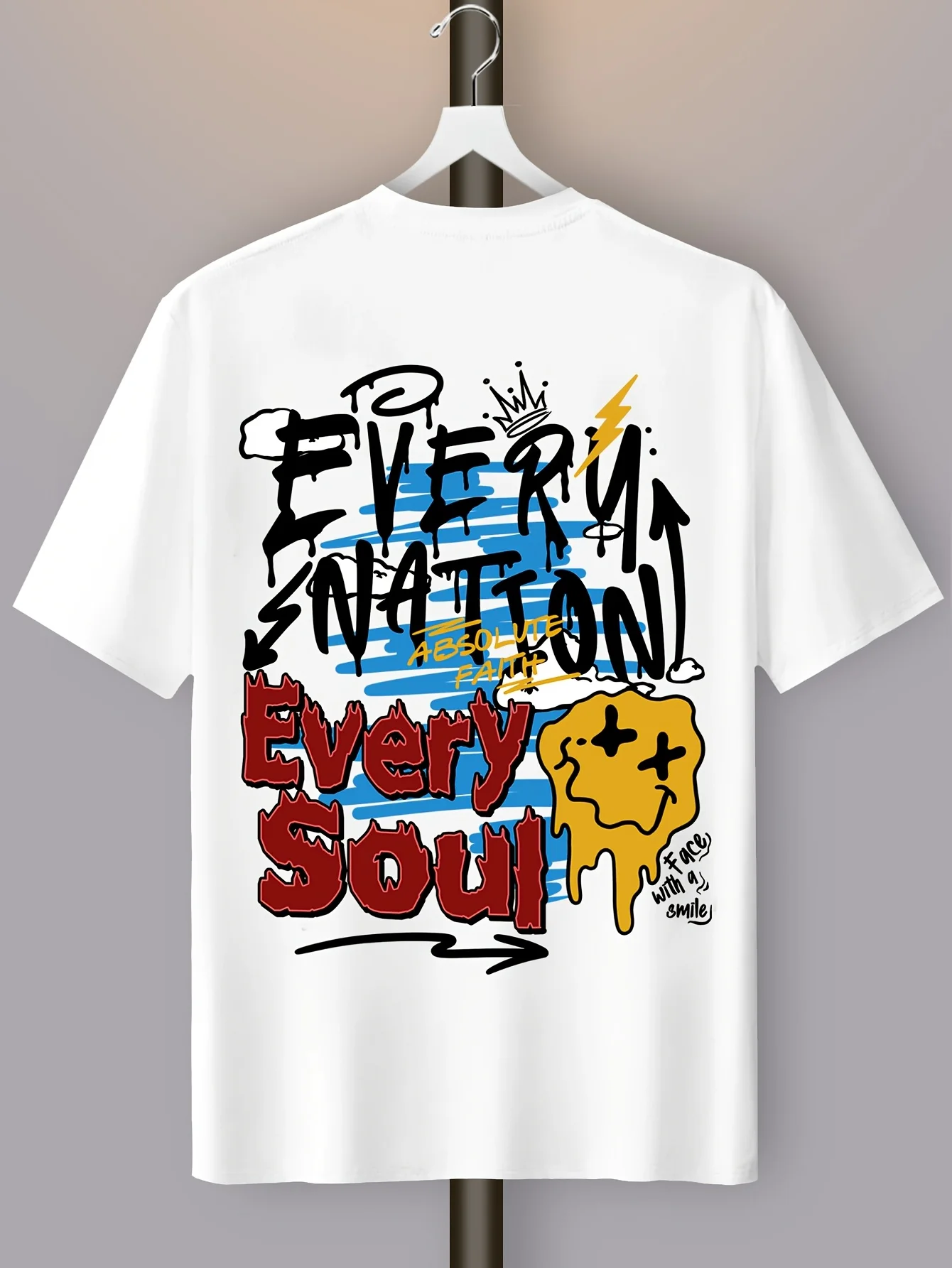 Men'S Casual Polyester Crew Neck T-Shirt with Graffiti Cartoon and Positive Message Print - Medium Stretch, Short Sleeve, Knit Fabric, Regular Fit for Daily & Weekend Wear - Summer Collection