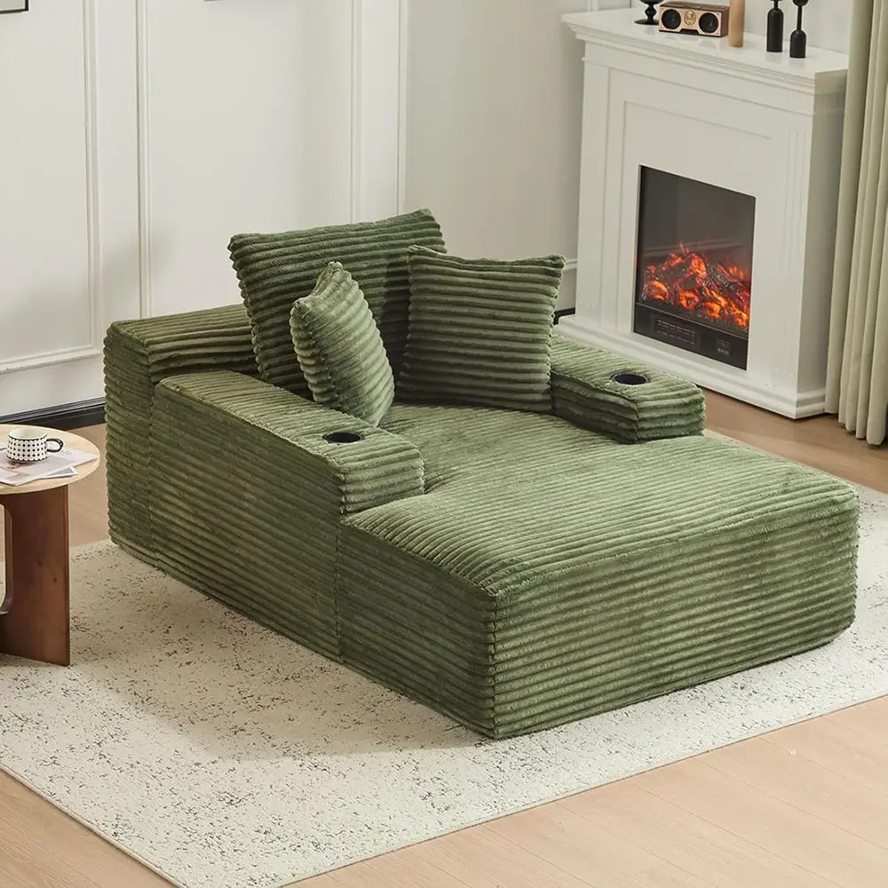 

66 Oversized Corduroy Chaise Lounge Sofa with 3 Spot Pillows & Cup Holder, Sleeper Couch for Living Room or Office (Green)