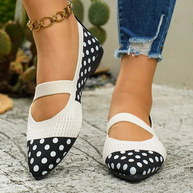 Damen Spitze Polka-Dot Flache Schuhe 2026 Neue Frühlings-Freizeitschuhe Farbblock-Loafer Gestrickte Weichsohlen-Sportschuhe Übergröße 43