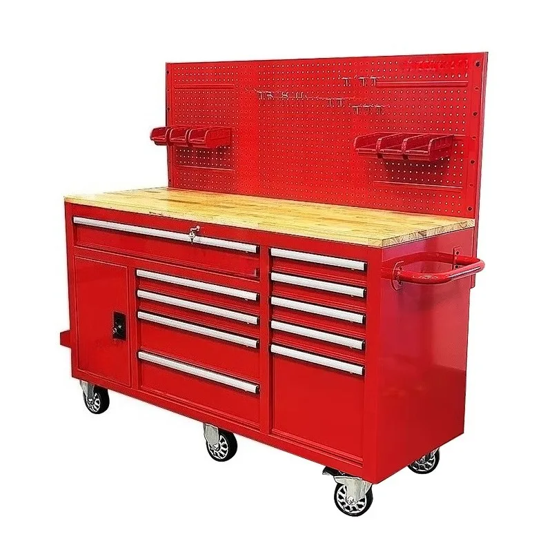 62 Inch Mobile Workbench Wood Top Tool Chest 10-12 Drawers With Pegboard Garage Workshop Storage Rolling Cabinet