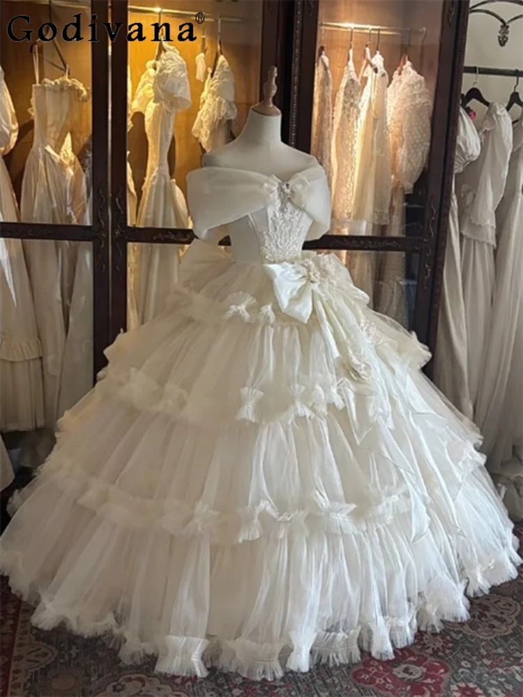 

Women's Sweet Wedding Dress Original 2025 New Girls Cute Bow Off-Shoulder Lolita Long Princess Dress Birthday Party Evening Gown