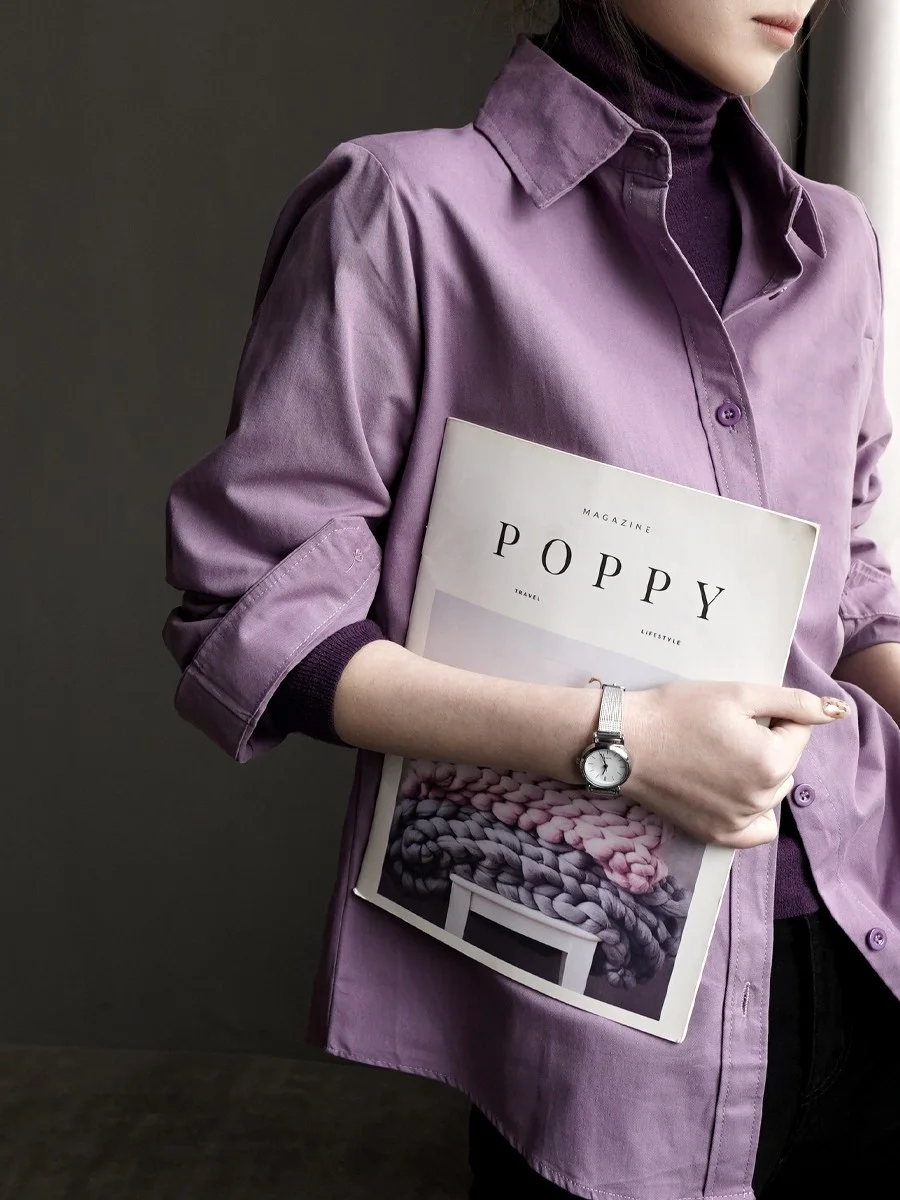 

Warmo Pure Cotton Casual Long Sve irt Women's Inner Wear Slimming Top Autumn Winter Layering Clothing Straight Cut Butto...