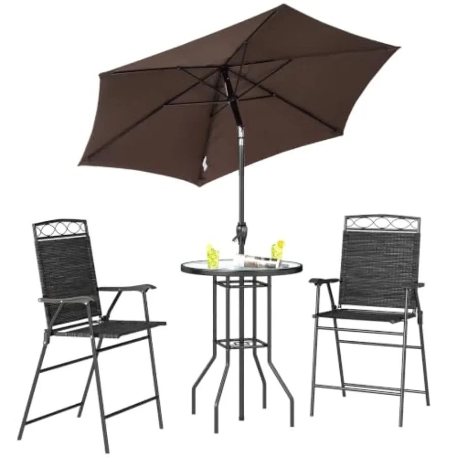 4 Pcs Outdoor Patio Dining Furniture Set, 2 Folding Chairs, Adjustable Angle Umbrella, Wave Textured Tempered Glass Dinner Tabl