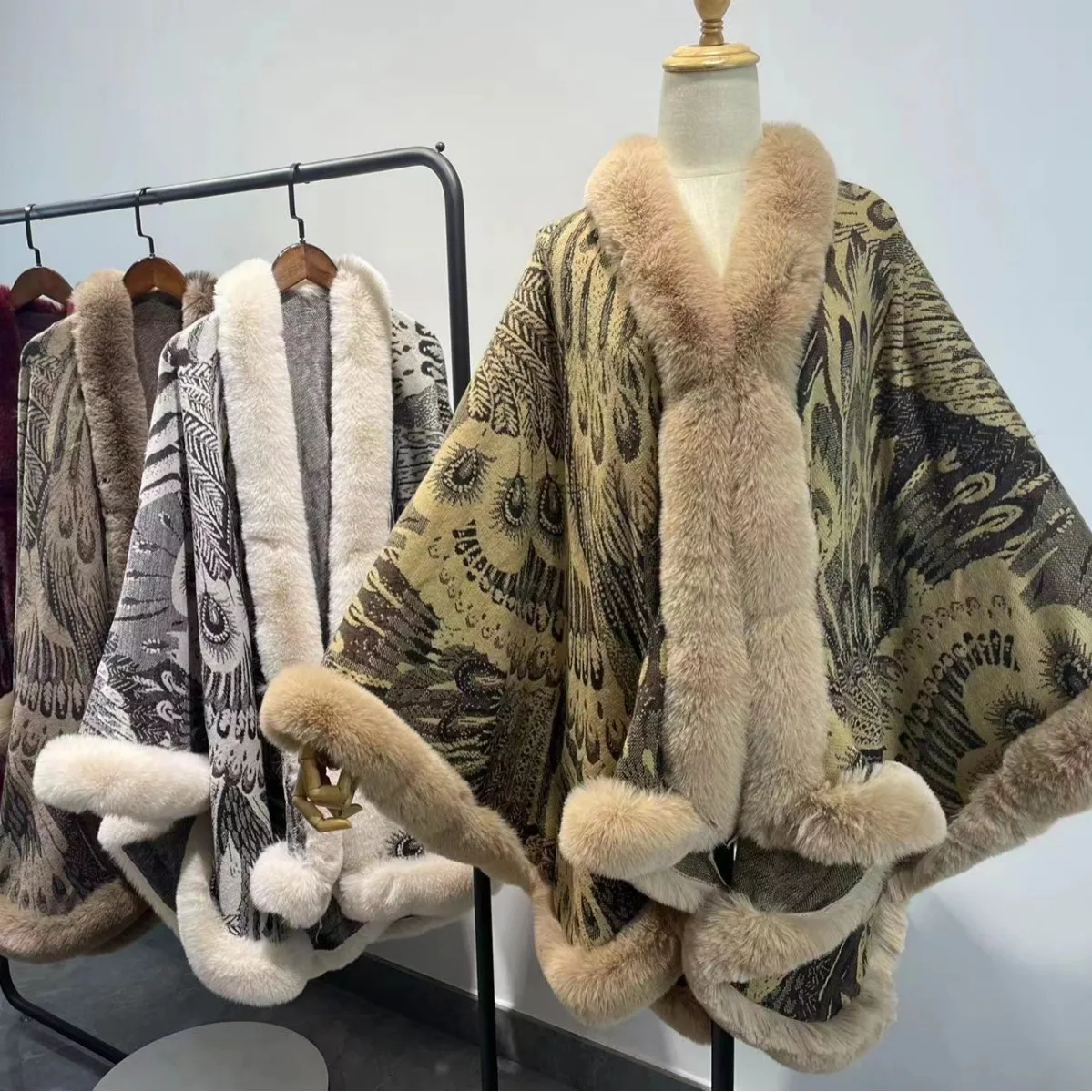 Plus size faux fur collar capelet-peacock jacquard knit shawl coat, asymmetrical front opening scarf wrap
