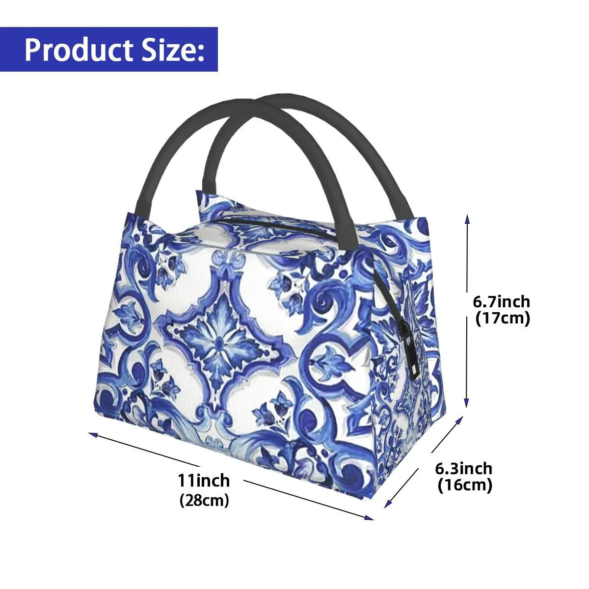 Blue Ornate Floral Mediterranean Sicilian Tile Insulated Lunch Bag for School Picnic Storage Food Boxes Cooler Thermal Lunch Box