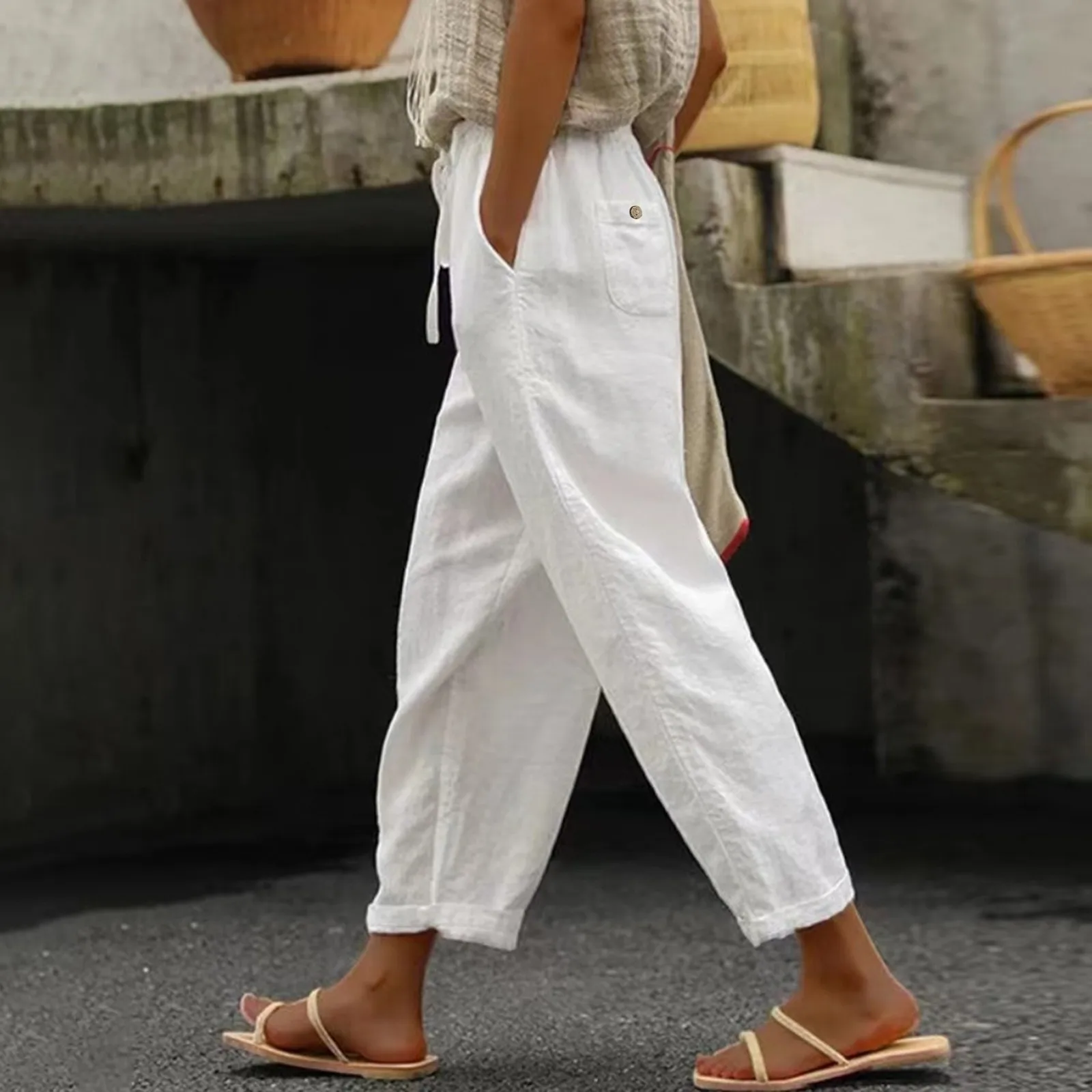 

Summer Harem Pants For Women Casual High Waist Cotton Loose Long Straight Trousers With Pockets Versatile Trousers Female 2024