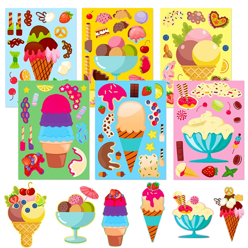 

6pcs/set Make Ice Cream Sticker Decorative Sticker Handmade DIY Cartoon Sticker Puzzle Stickers Laptop Skateboard Stickers TMZ