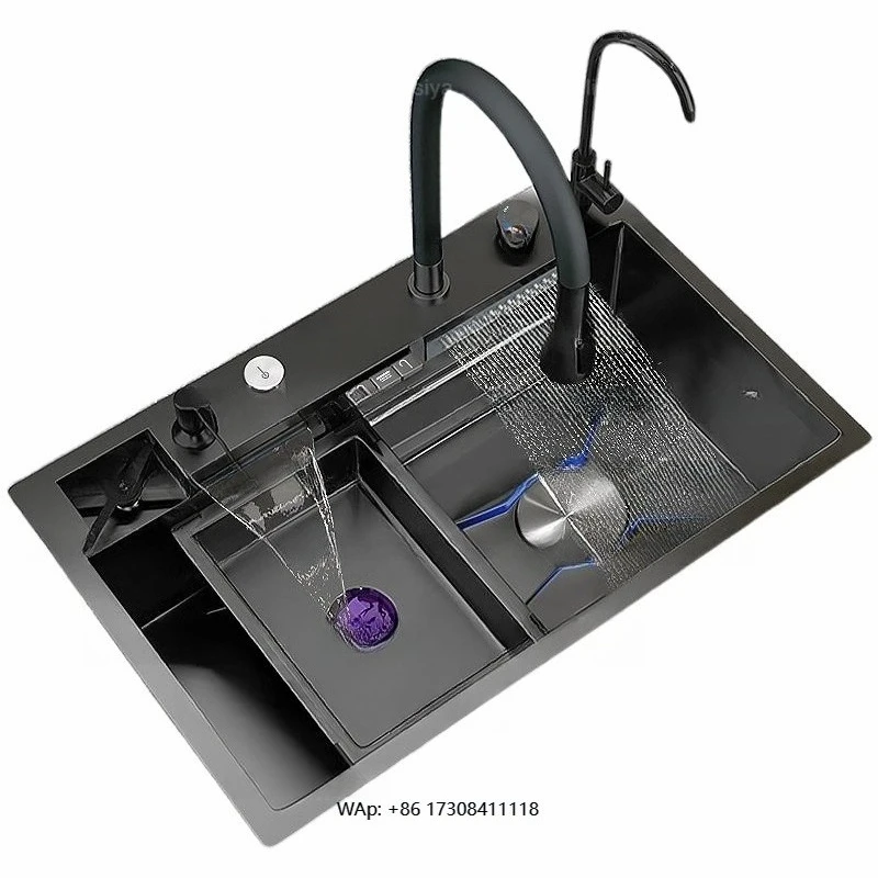 7546 Black Modern Multifunctional Kitchen Stainless Steel Sink with Double Tap Water Purifier Tap and Cup Washer