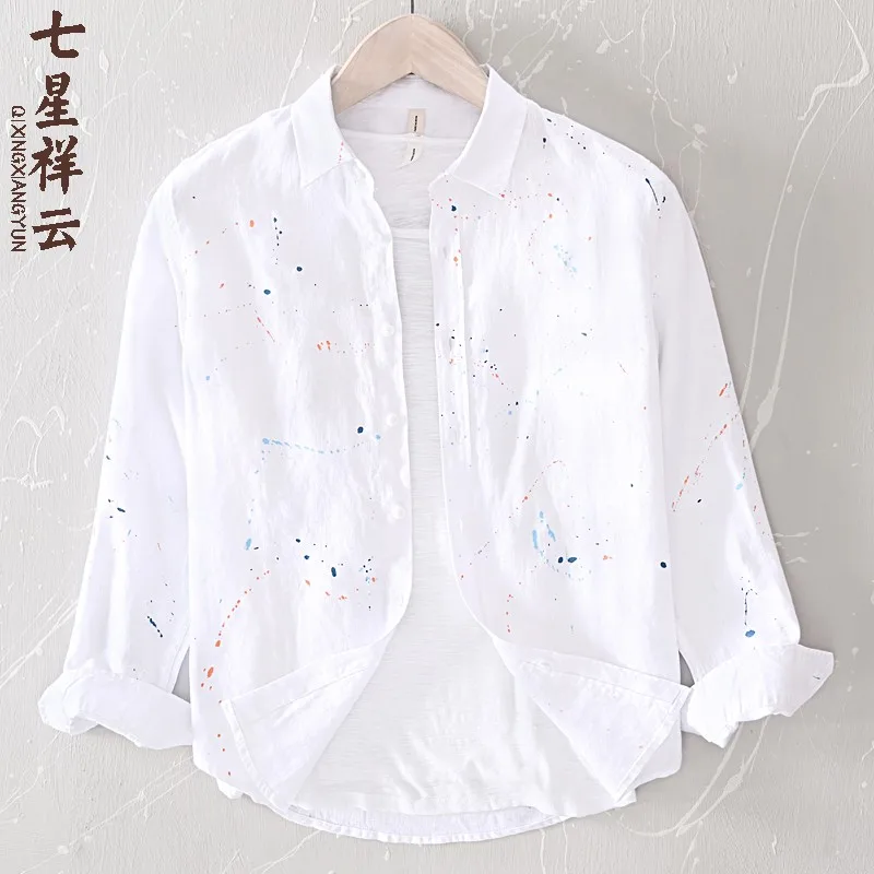 

Japanese Style Personality Print Casual Long Sleeve Linen Men's Shirt Spring Summer Loose Thin Cotton Linen Shirt Trendy